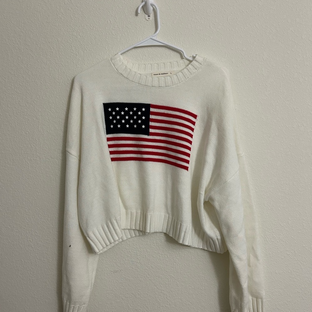 moon & madison White Sweater with American Flag